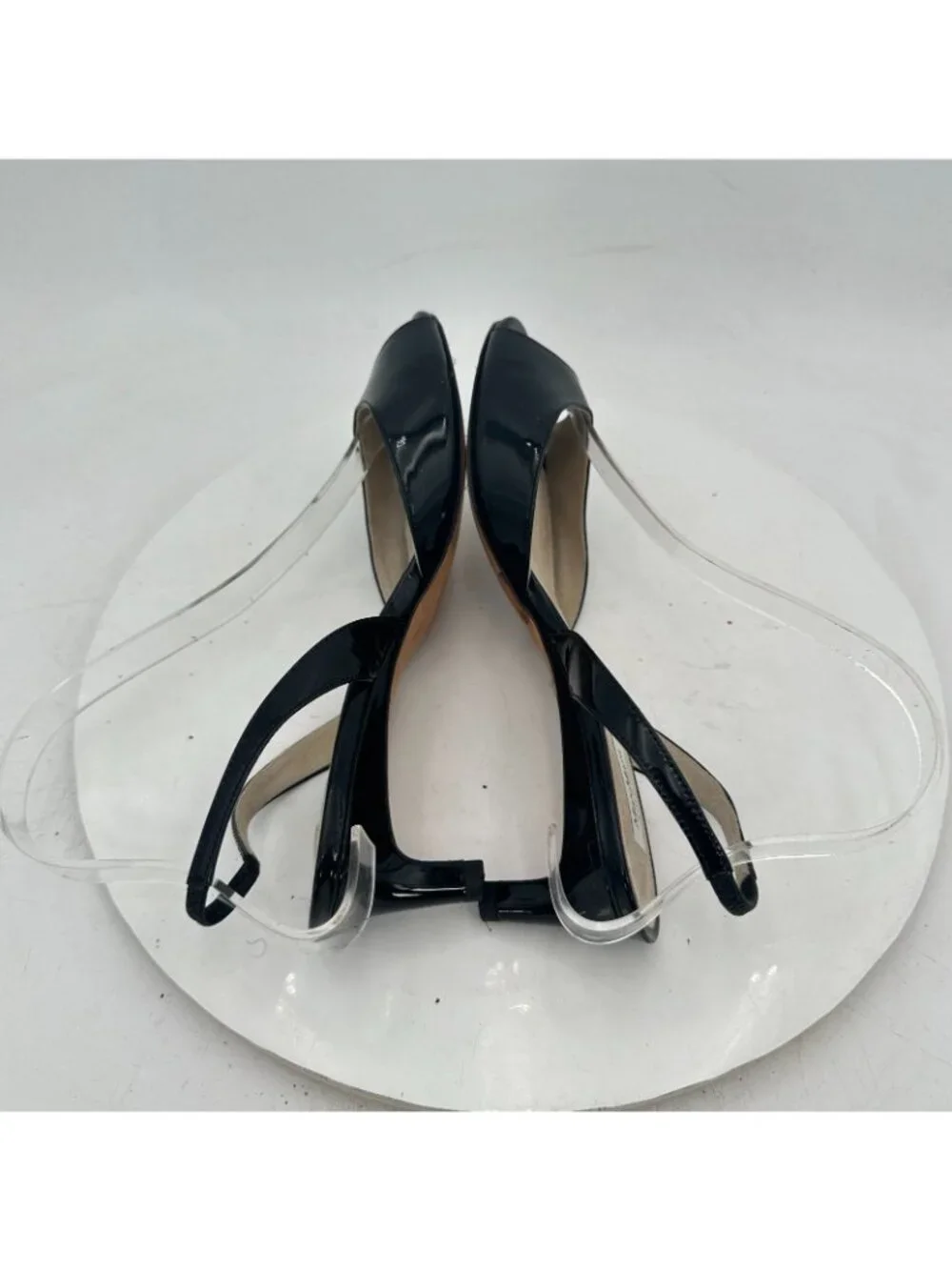 Max Mara Women EU 37 Black Patent Open-Toe Slingback Kitten-Heel Sandals
